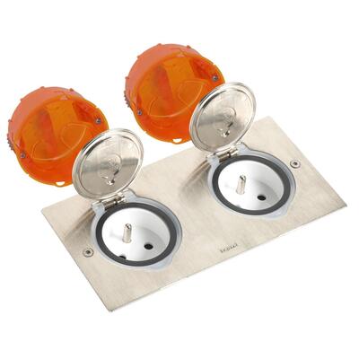 Prise de sol inox étanche IP44 clapet de protection + boite à encastrer 2P