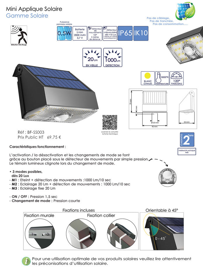 Applique solaire 1000LM (réf. BF-SS003)