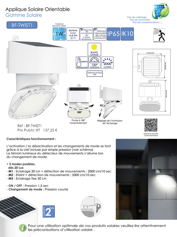 Applique solaire orientable Blanc 2000LM